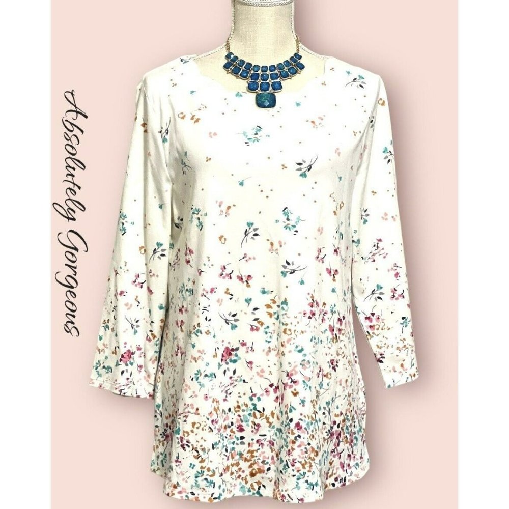 NWOT CROFT & BARROW IVORY MULTI FLORAL LARGE LONG SLEEVE BLOUSE/SHIRT/TUNIC TOP